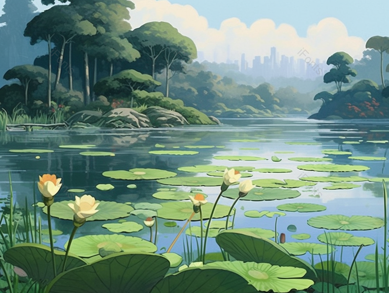 小暑池塘边美丽的风景手绘背景,插画/手绘图,插画/手绘图库,插画/手绘图下载,插画/手绘
